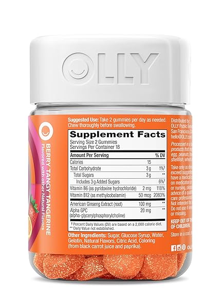 OLLY LASER FOCUS GUMMY, GINSENG, ALPHA GPC, B VITAMINS, BERRY TANGERINE FLAVOR – 36 COUNT