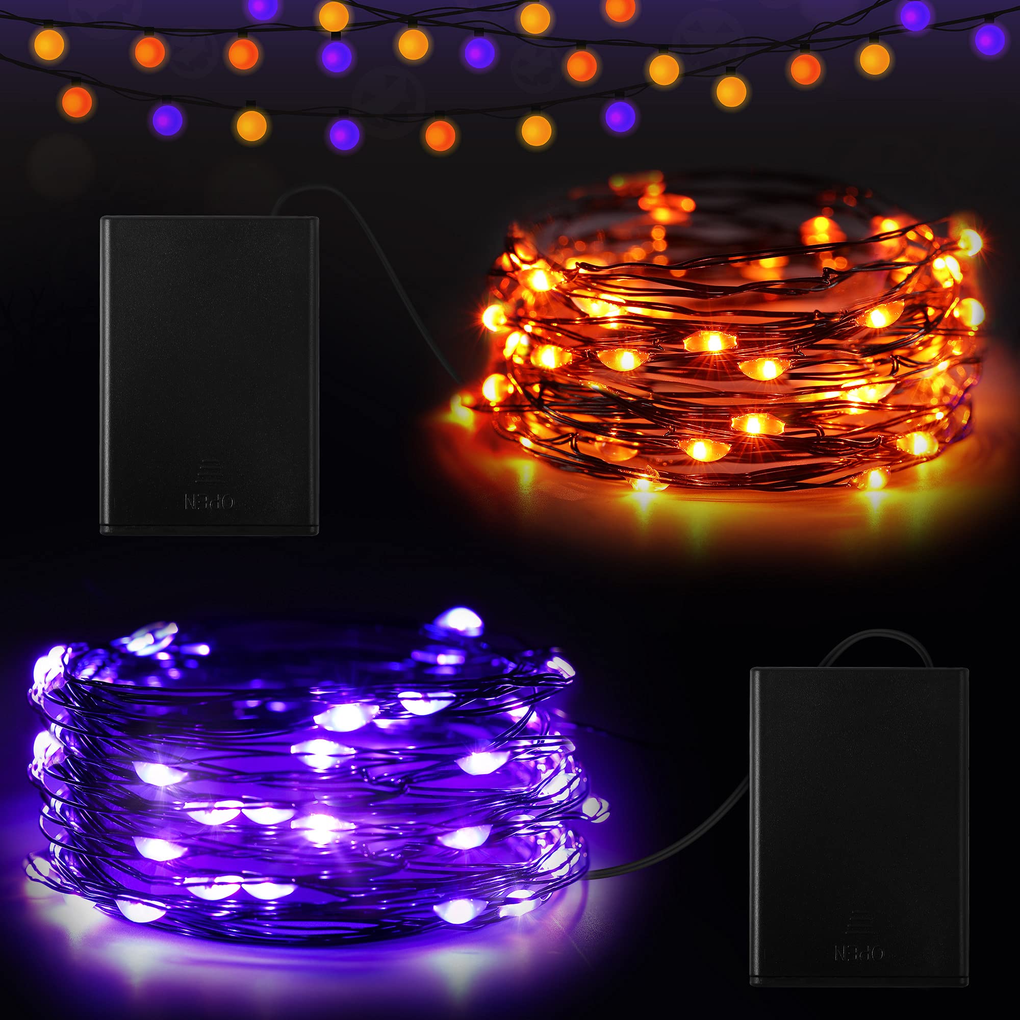 Photo 1 of 2 Pieces Halloween Fairy String Lights 10 ft 30 LED String Lights Copper Wire Fairy Lights for Halloween Christmas Wedding Party Patio Decoration, Orange, Purple