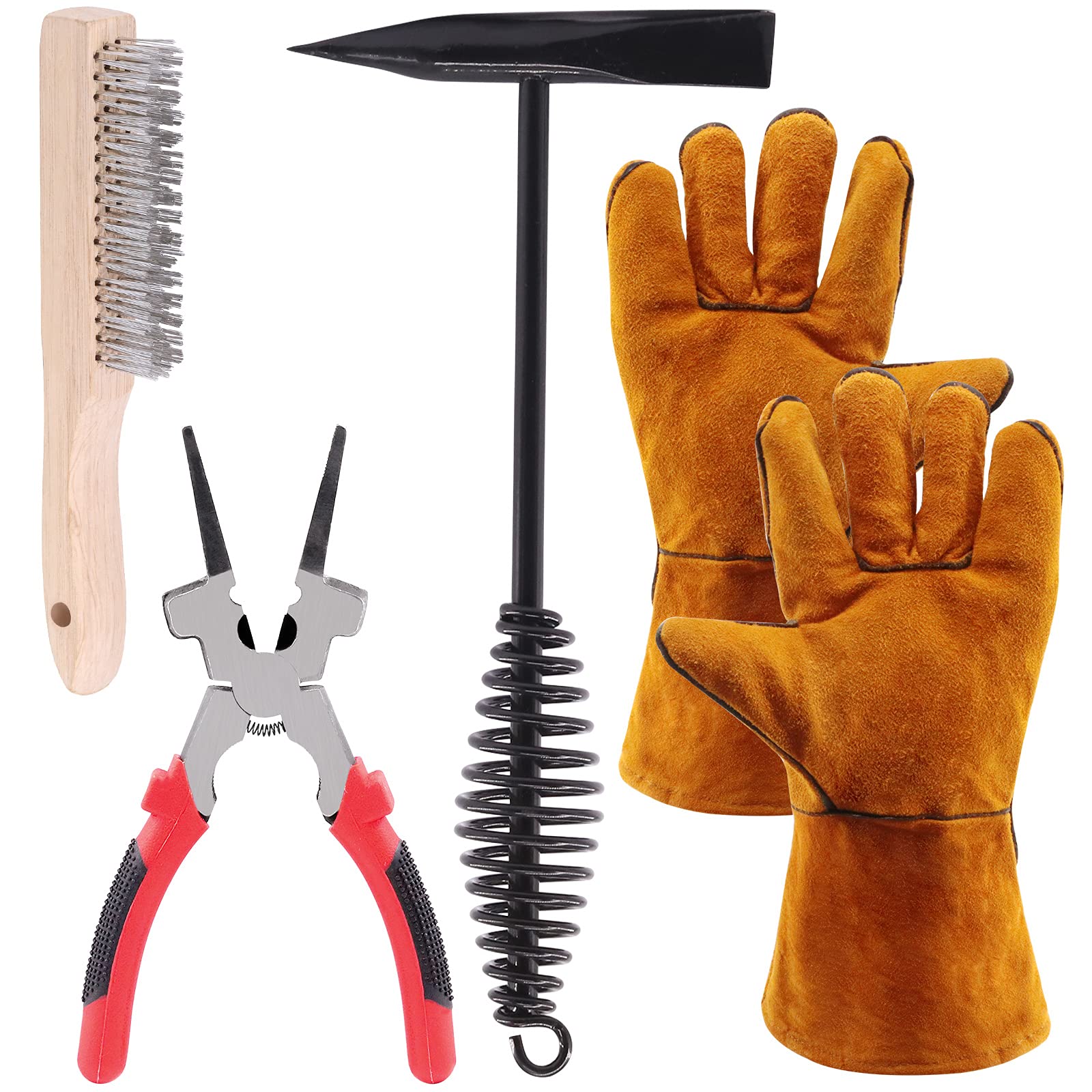 Glarks 5Pcs Welding Slag Removal Tool Set, Include 10'' Welding Chipping Hammer with Coil Spring Handle, Wire Brush and a 10'' Welding Plier with a Pair Welding Gloves