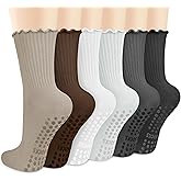 Justay 6 Pairs Womens Pilates Socks with Grips Crew Non Slip Ruffle Cotton for Athletic Workout Barre Hospital Yoga Socks