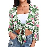 PrinStory Women's Tie Front Shrug 3/4 Sleeve Bolero Cardigan Lightweight Summer Casual Short Shawl Top S-4XL