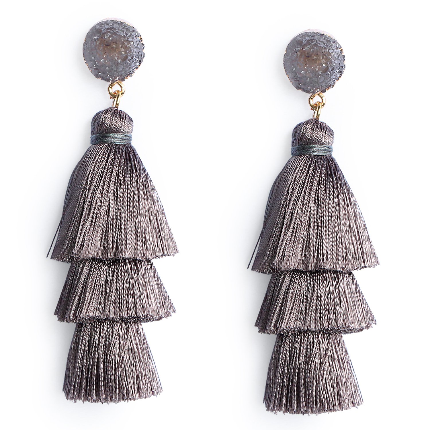 Fashion Grey Layered Tassel Drop Earrings for Women Girls Boho Statement Long Fringe Dangle Earrings Gray Stud Post Birthday Christmas Party Thanksgiving Gift