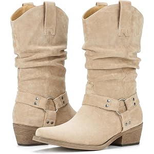Bybmorto Suede Cowboy Boots for Women - Mid Calf Slouchy Cowgirl Boots | Western Buckle Strap, Slouch Shaft, Pointed Toe, Chu