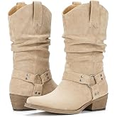 Bybmorto Suede Cowboy Boots for Women - Mid Calf Slouchy Cowgirl Boots | Western Buckle Strap, Slouch Shaft, Pointed Toe, Chunky Heel, Pull On, Retro Fashion Rodeo Concert Festival Dance Daily Wear