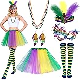 TFLNBYB Aulauf Mardi-Gras Outfit for Women, Mardi-Gras Costumes Tutu Tulle Skirt Beads Mask Earrings Long Socks, Mardi-Gras Accessories for Women, Carnival Costumes Perfect for Mardi Gras Party