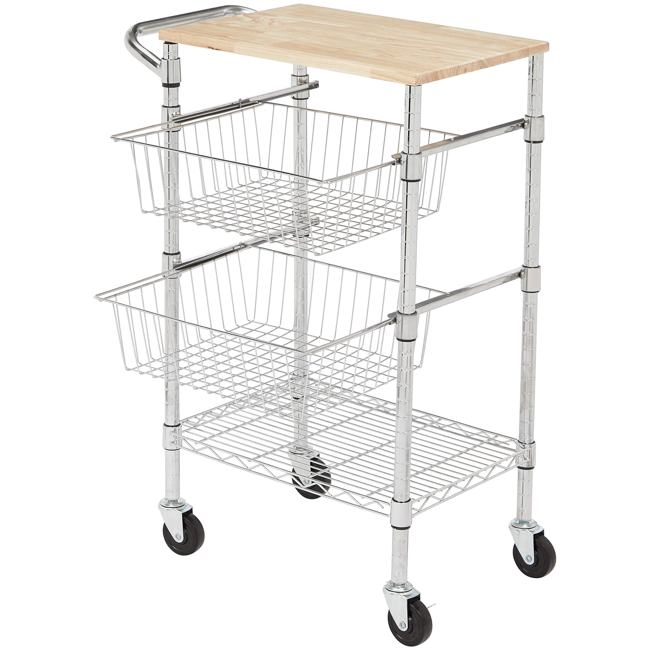 AmazonBasics 3Tier Metal Basket Rolling Cart with Wood Top