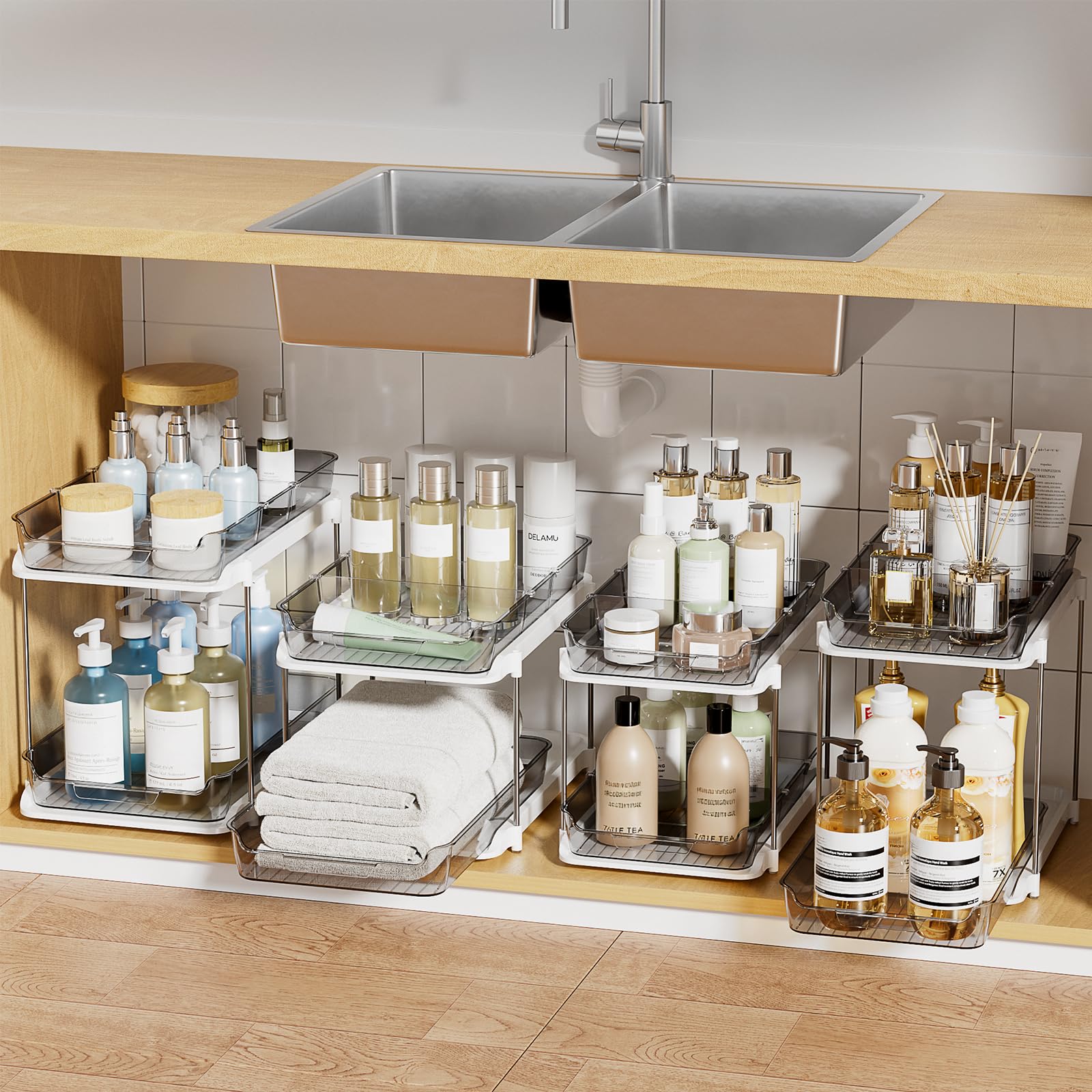 Photo 1 of Delamu 4 Sets of 2-Tier Multi-Purpose Bathroom Cabinet Under Sink Organizers and Storage, Stackable Kitchen Pantry Organization and Storage, Grey
