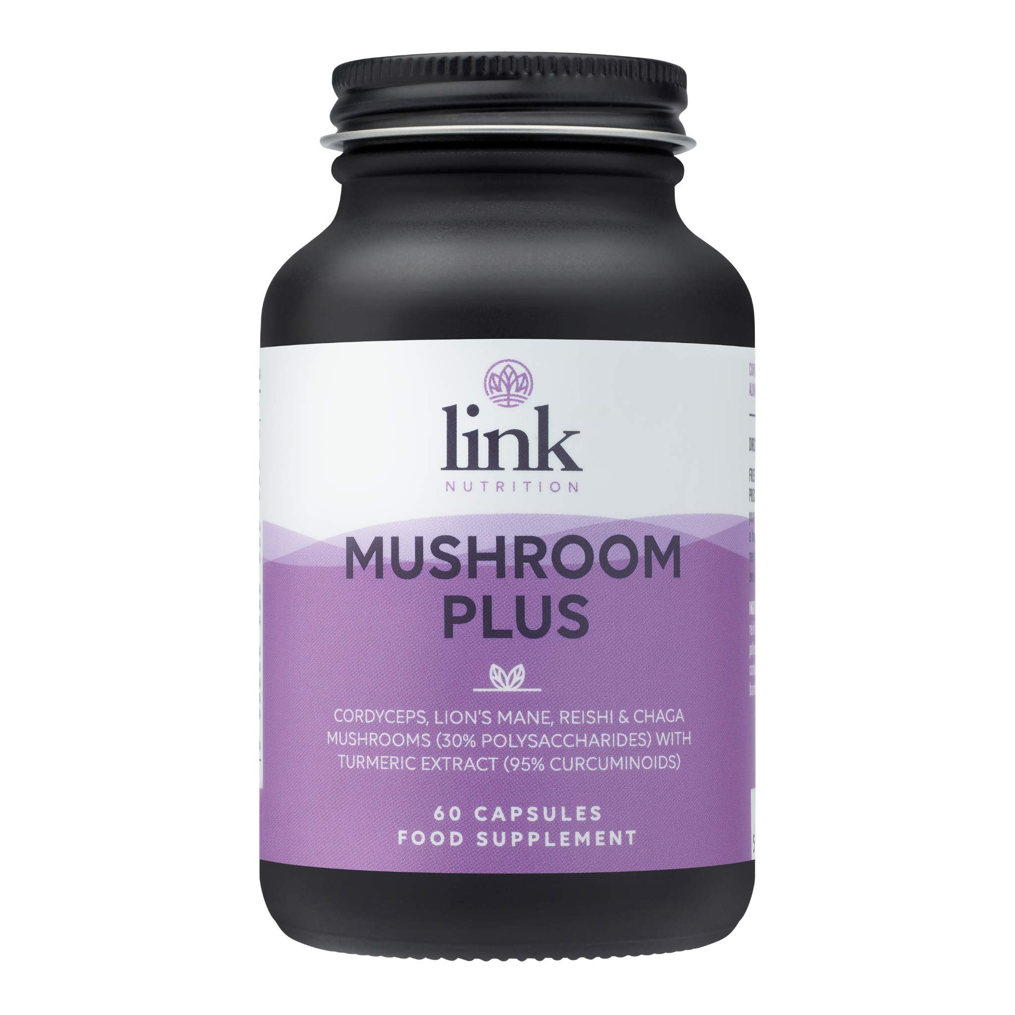 Mushroom Plus | Contains 4 Mushrooms, Made from 9200mg of raw Mushroom + Turmeric Extract | Reishi, Lions Mane, Cordyceps, Chaga | Vegan | Made in The UK by Link Nutrition | 60 Vegecaps