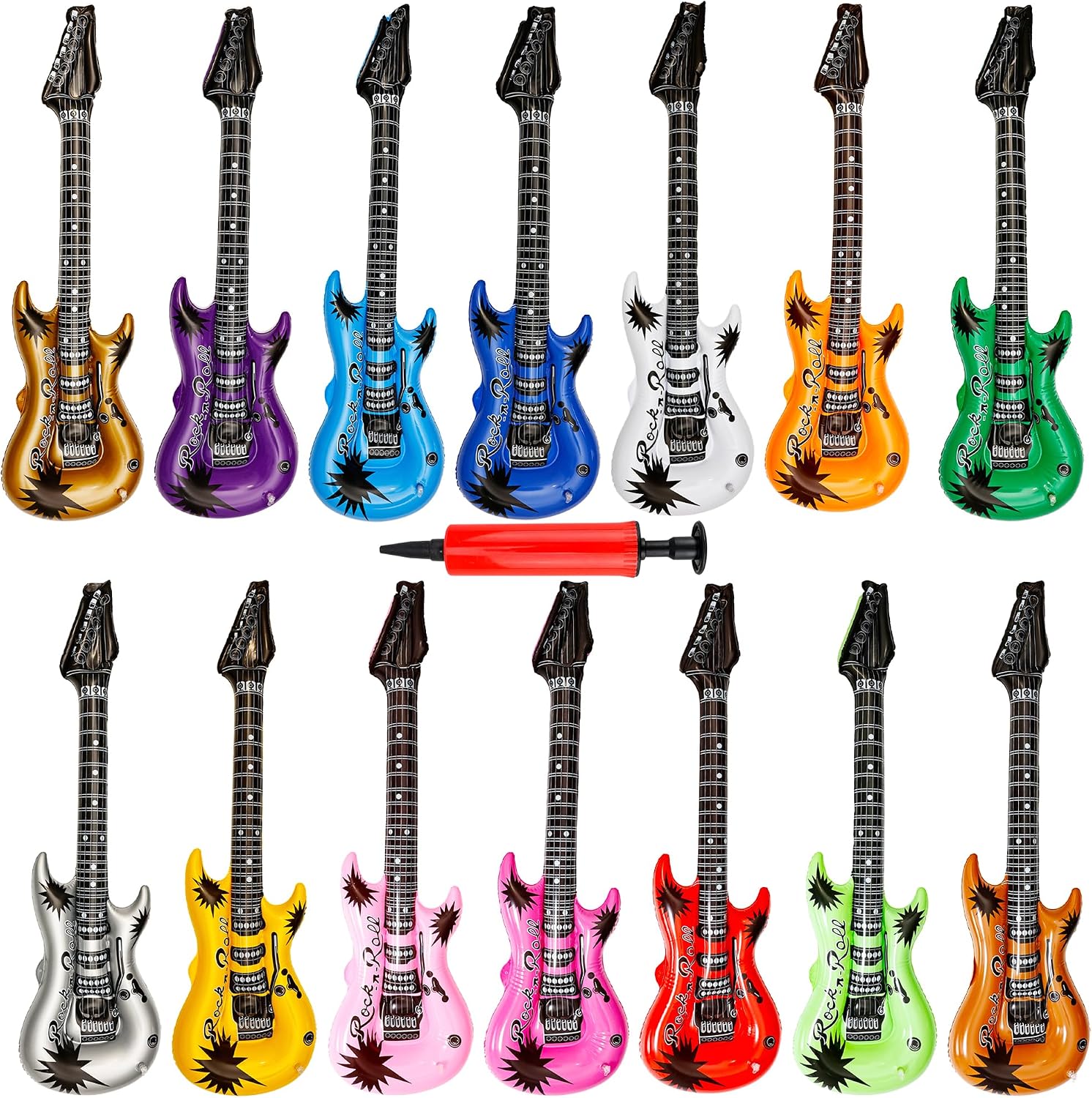 14 Pack 43 Inch Large Inflatable Guitar Blow up Guitar Bulk Fake Party Prop Inflatable Rock Star Guitars with Air Pump for 80s 90s Themed Carnival Birthday Party Favor, 14 Colors