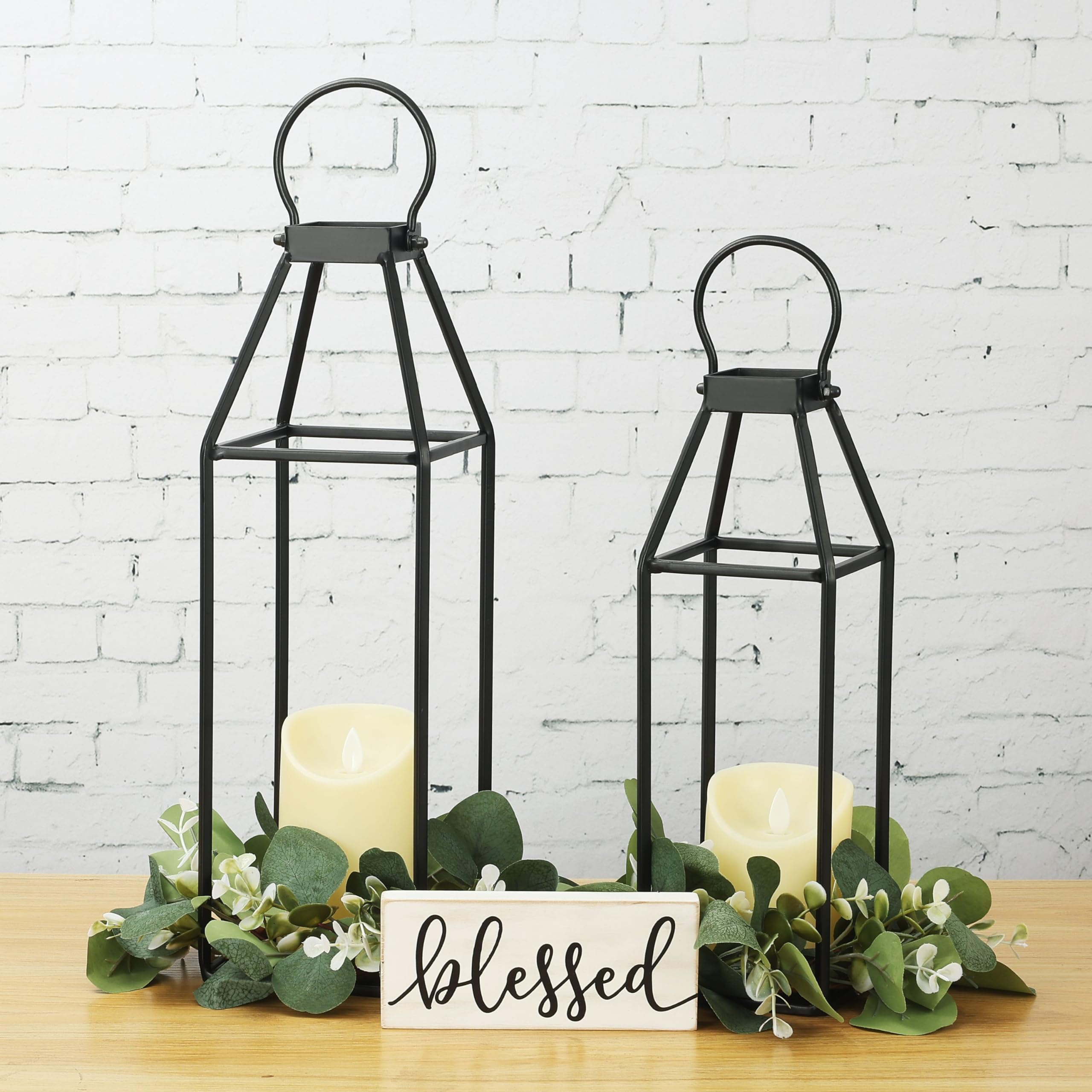Perfnique Set of 2 Black Metal Lanterns w/ 6hr Timer Flickering Flameless Candles, Modern Farmhouse Lanterns Decorative for Outdoor, Front Porch, Indoor, Patio, Garden, Fireplace (15'' x 17.5'')