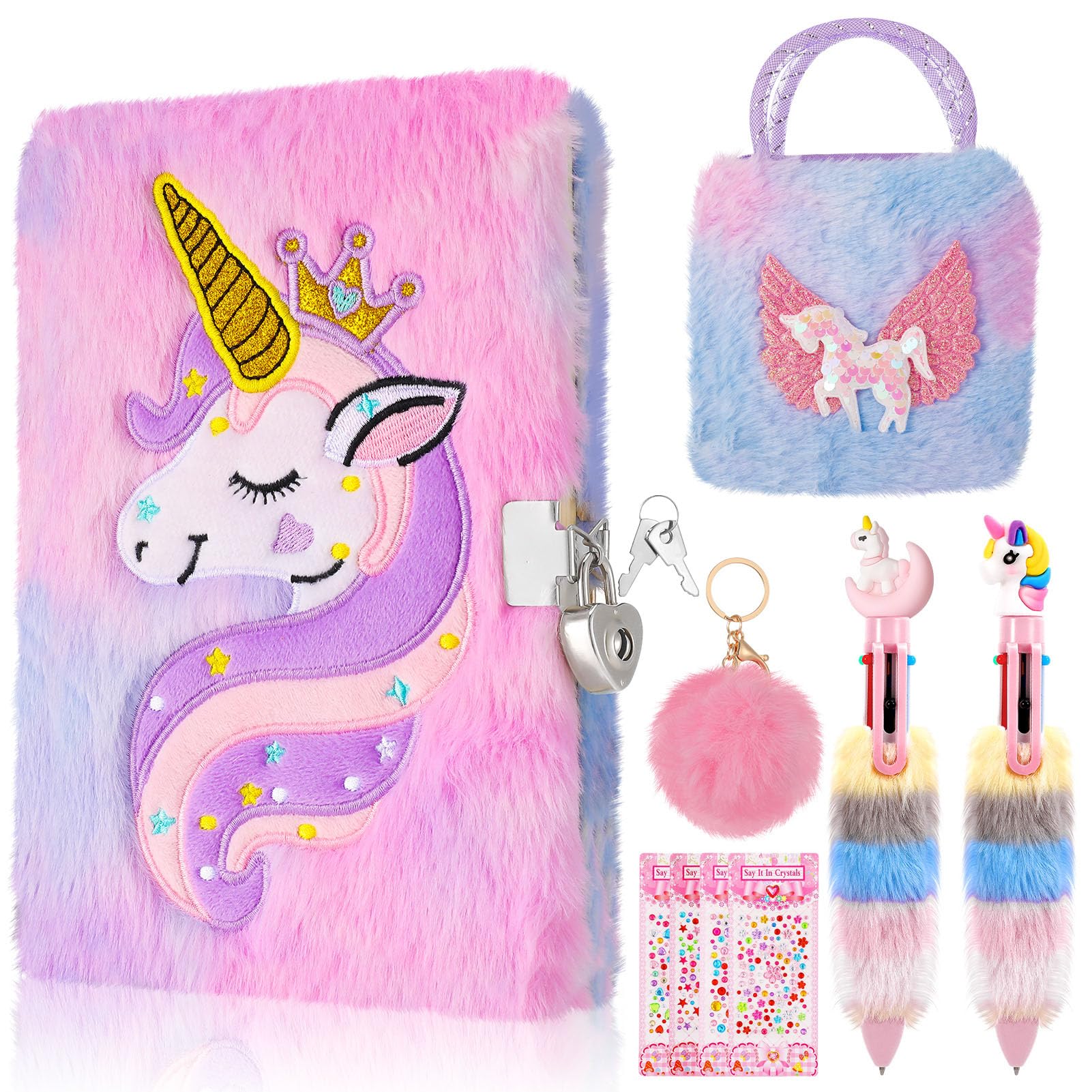 Candcamp 9 Pcs Unicorn Secret Diary For Girls Fluffy Notebook with Handbag Pen Stickers Bracelet Fluffy Keyring Unicorn Stationery For Girls Age 5-12