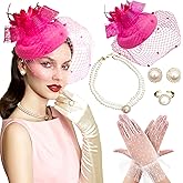 BACH AND BOUJEE Hot Pink Tea Party Hats for Women Lace Gloves Fascinators Hats with Veil Feather Hot Pink Tea Party Accessories Necklace Earrings for 20s Wedding Vintage Bridal Shower