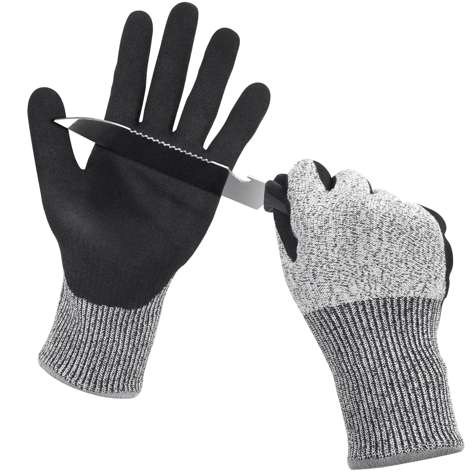 Ainiv 2 Pairs Safety Work Gloves, Black Nitrile Coated, Men Women, Non-Slip Ultra-Grip, Level 5 Cut Resistant, Gardening, Fishing (L)