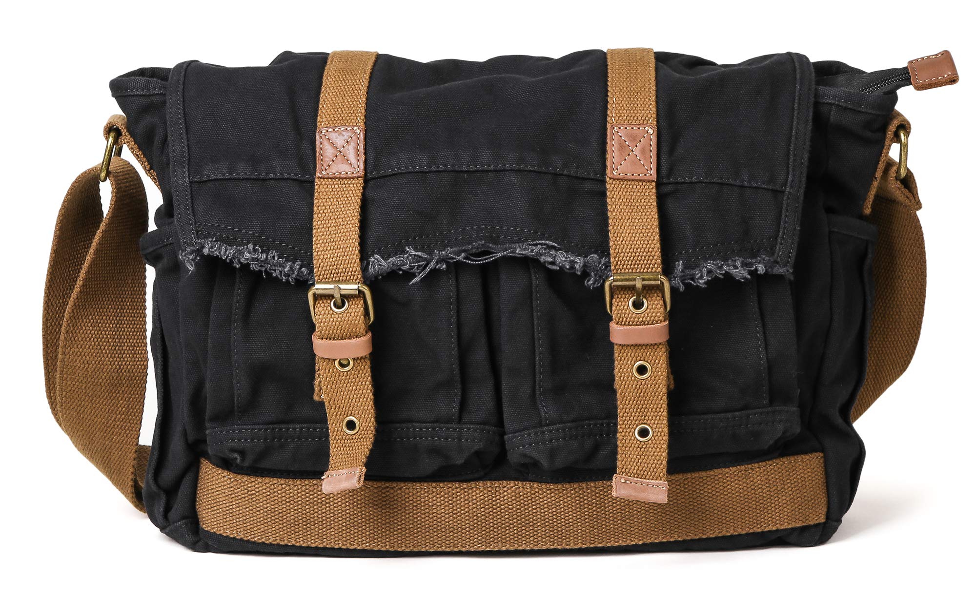 GOOTIUM Canvas Messenger Bag - Vintage Shoulder Bag Frayed Style Satchel, Black