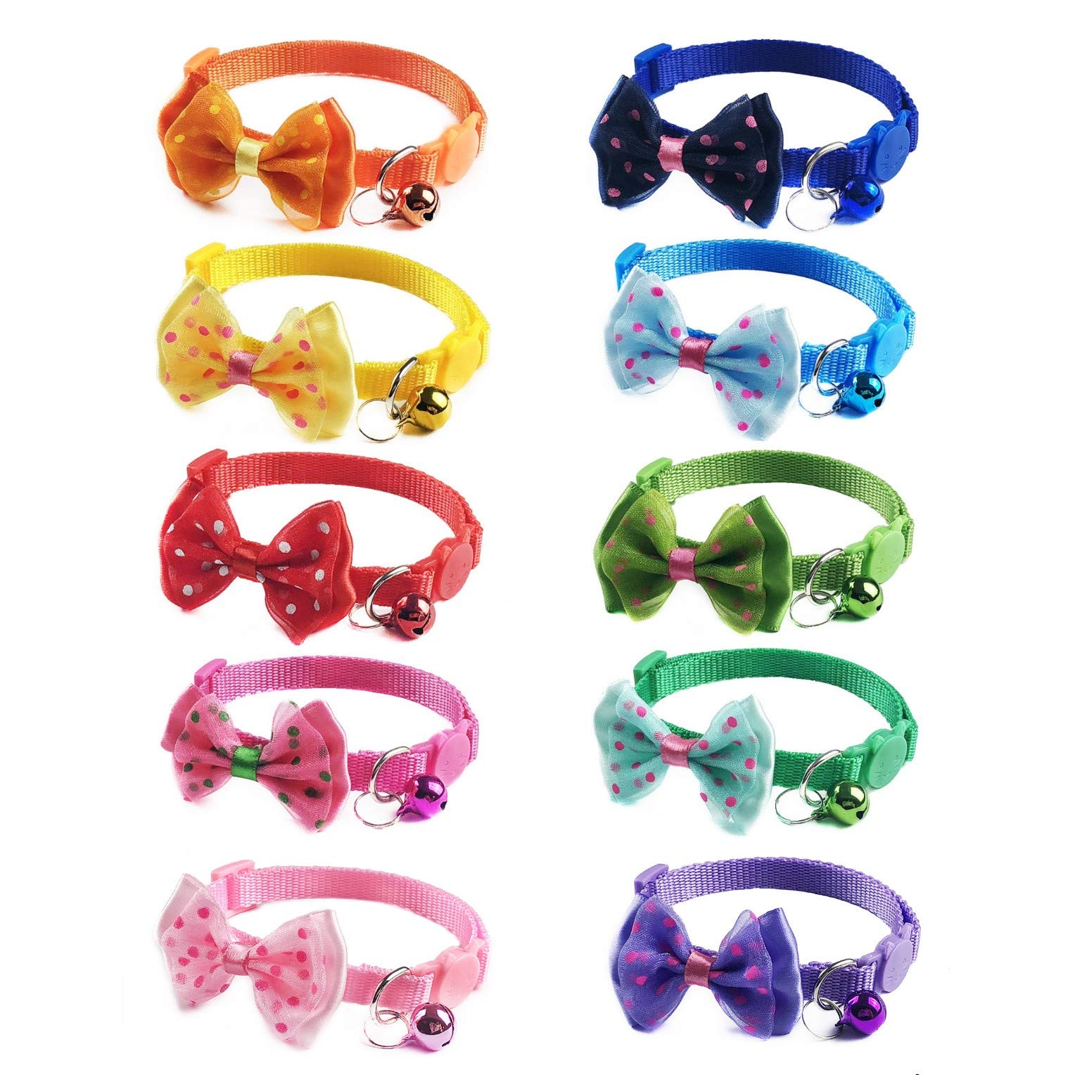 JZK 10 x Quick Release Cat Collar With Bell and Bow Tie, Multi Colors Breakaway Collars With Safety Release Buckle, for Cats and Small Size Dogs