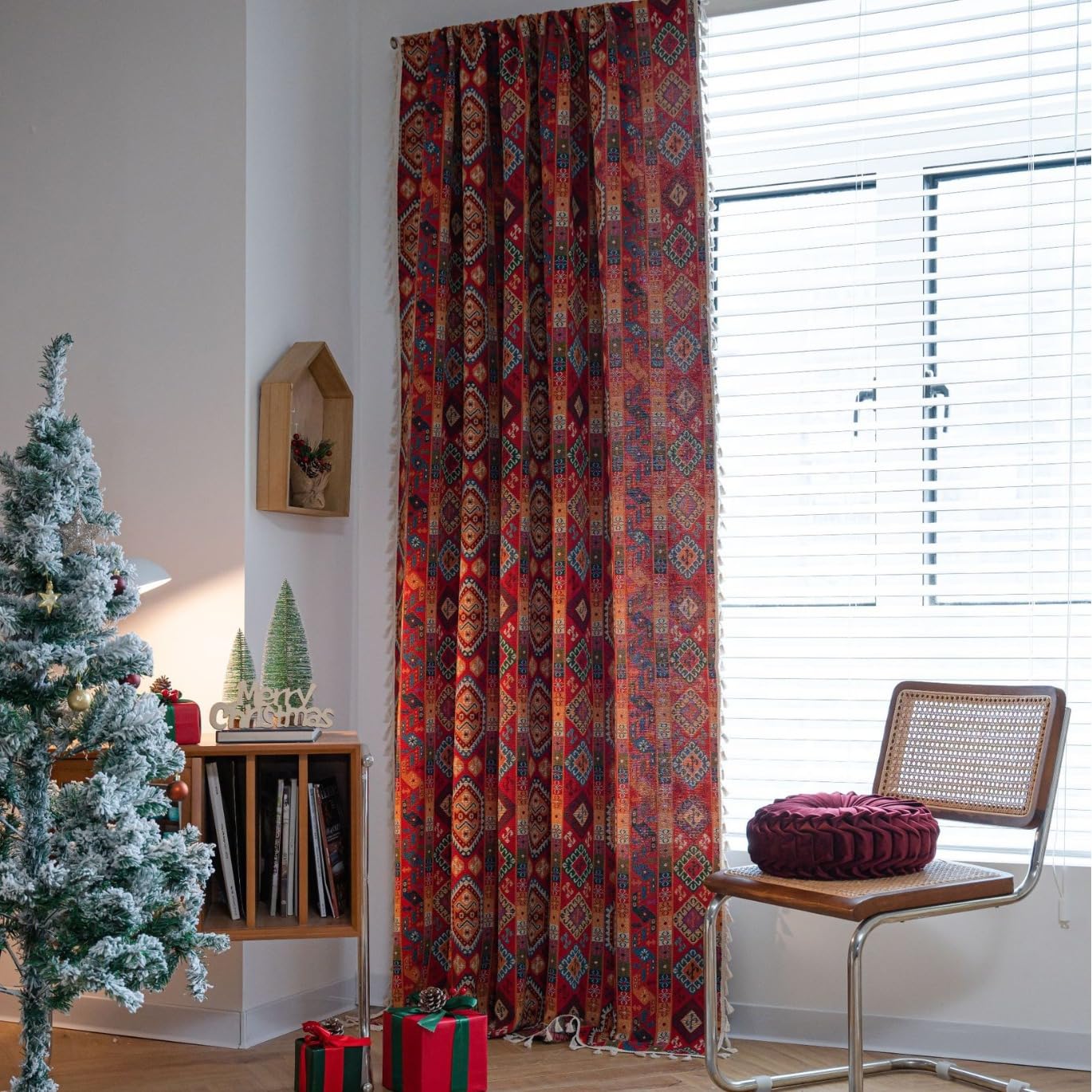 USTIDE Rustic Geometric Curtain With Tassels - Vintage Ethnic Red Room Darkening for Living Room Bedroom, 1 Panel, 150x180cm
