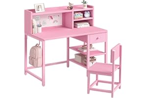 BOLUO Kids Desk and Chair Set for 6-12 Year Old, Children Study Desk with Hutch and Storage Shelf, Student Writing Table with Fabric Drawer for Girls Pink
