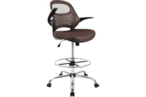 HYLONE Drafting Chair, Tall Office Chair for Standing Desk, Brown Mesh Drafting Desk Chair with Flip-Up Arms, Adjustable Height and Foot Ring