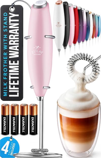 Zulay Kitchen Powerful Milk Frother Handheld Foam Wand with Stand