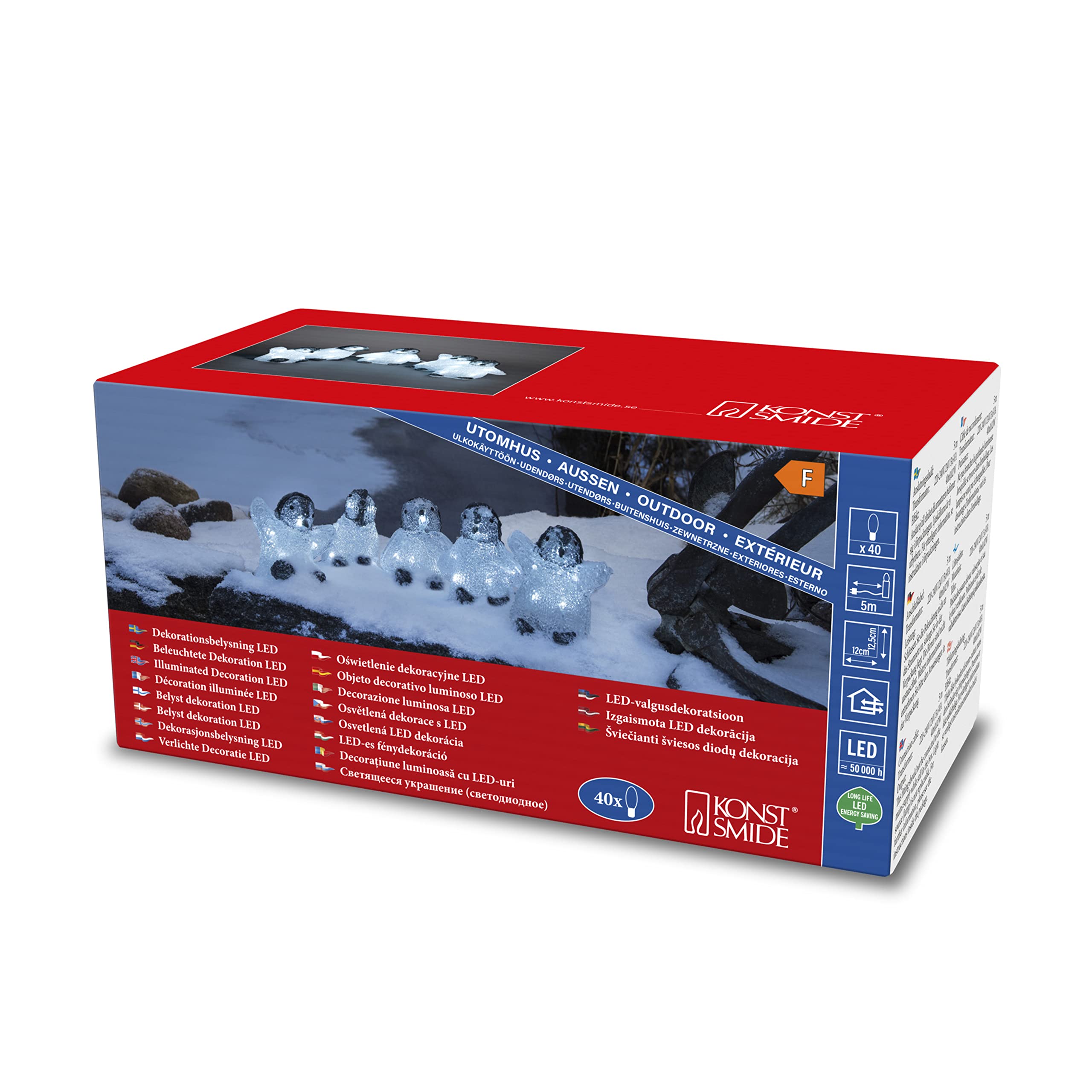 Konstsmide Outdoor Christmas Decorations / Outside Lights LED Acrylic Decoration "Five Baby Penguins" / Outdoor Lighting (IP44) / 40 Ice White LEDs / Transparent Cable