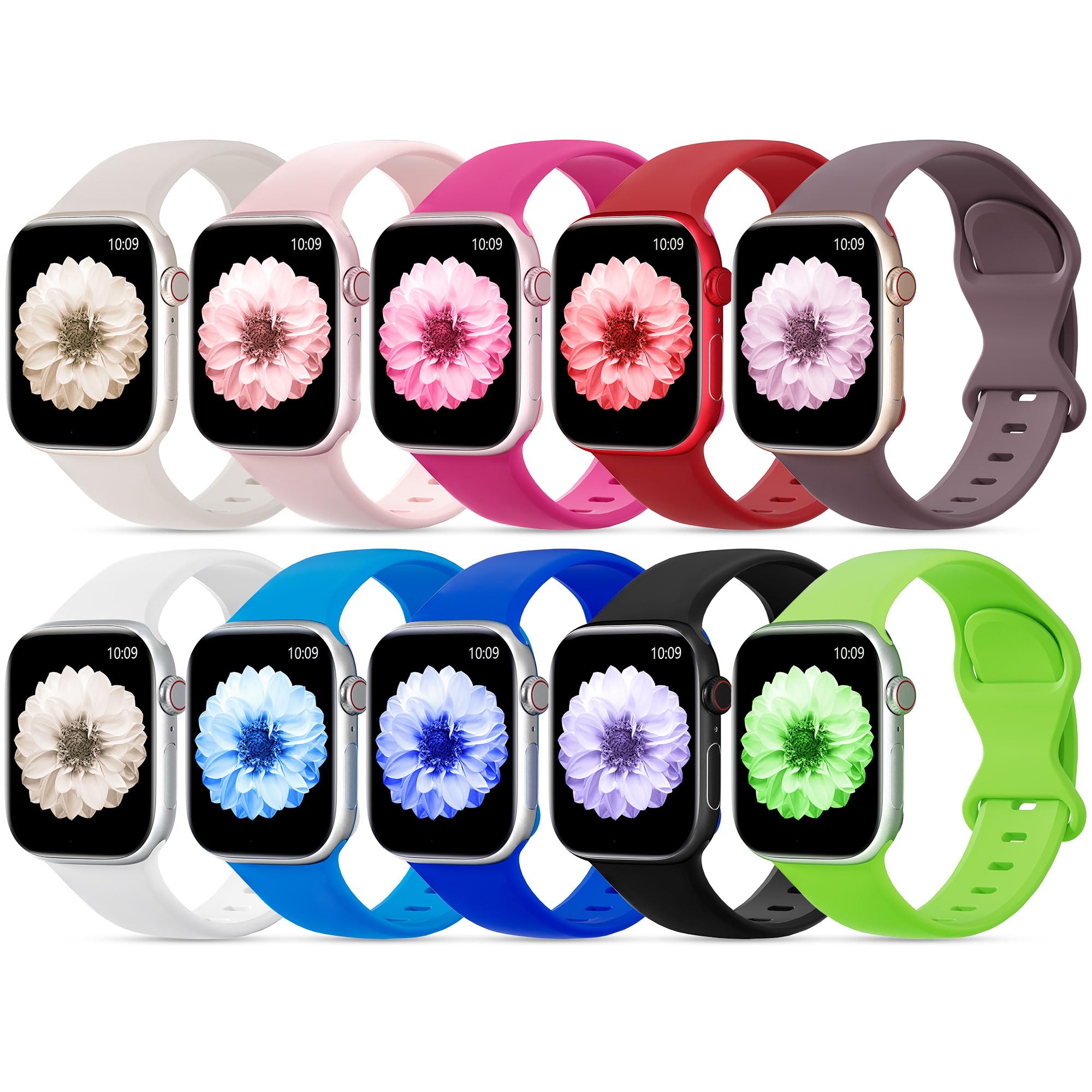 Photo 1 of 10 Pack Silicone Band Compatible with Apple Watch Bands 38mm 40mm 41mm 42mm 44mm 45mm 49mm,Soft Wristband Waterproof Replacement Sport Strap for iWatch Ultra 2 SE Series 9 8 7 6 5 4 3 2 1 Women Men