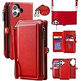 MInCYB for iPhone 17 MagSafe Wallet Case – Detachable Magnetic Wallet with RFID Blocking, PU Leather Zipper & Strap for Women Men. Red