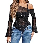 Avidlove Women Mesh Top Long Sleeve Rhinestone Tops Off Shoulder Bell Sleeve Drawstring Blouse Sheer Sparkly Shirt S-XXL