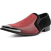 Bolano x Amali Men's Dress Loafers with Rhinestones, Slip-On, Tuxedo Loafer Shoes for Men, Pointed Toe with Metal Tip, Size Up