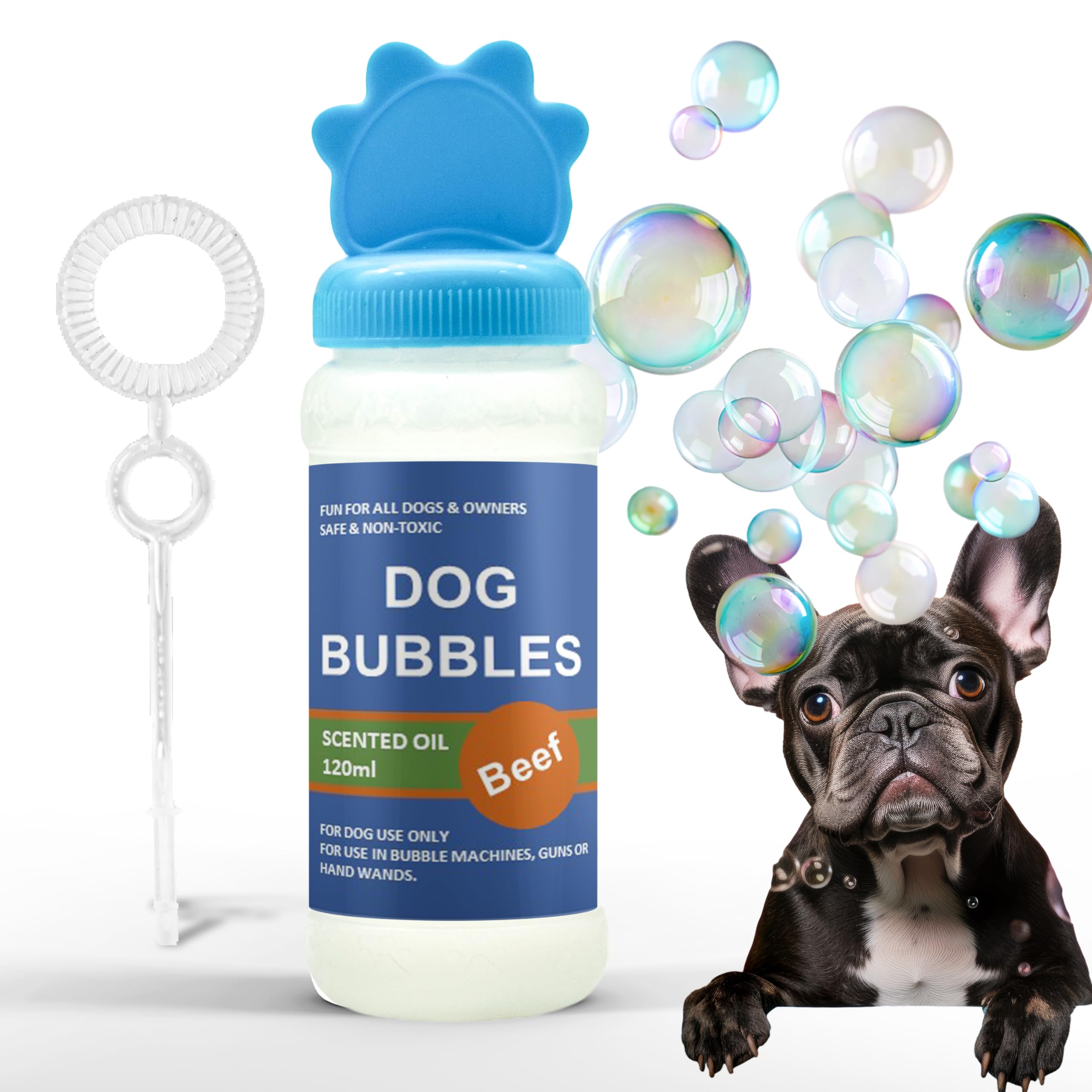 Petopedia Dog Bubbles – PEANUT BUTTER and BEEF Scented, Safe Blowing Bubbles for Dogs, Interactive Toys for Boredom, Suitable for Puppies to Large Dogs (120ml, Beef - Blue)