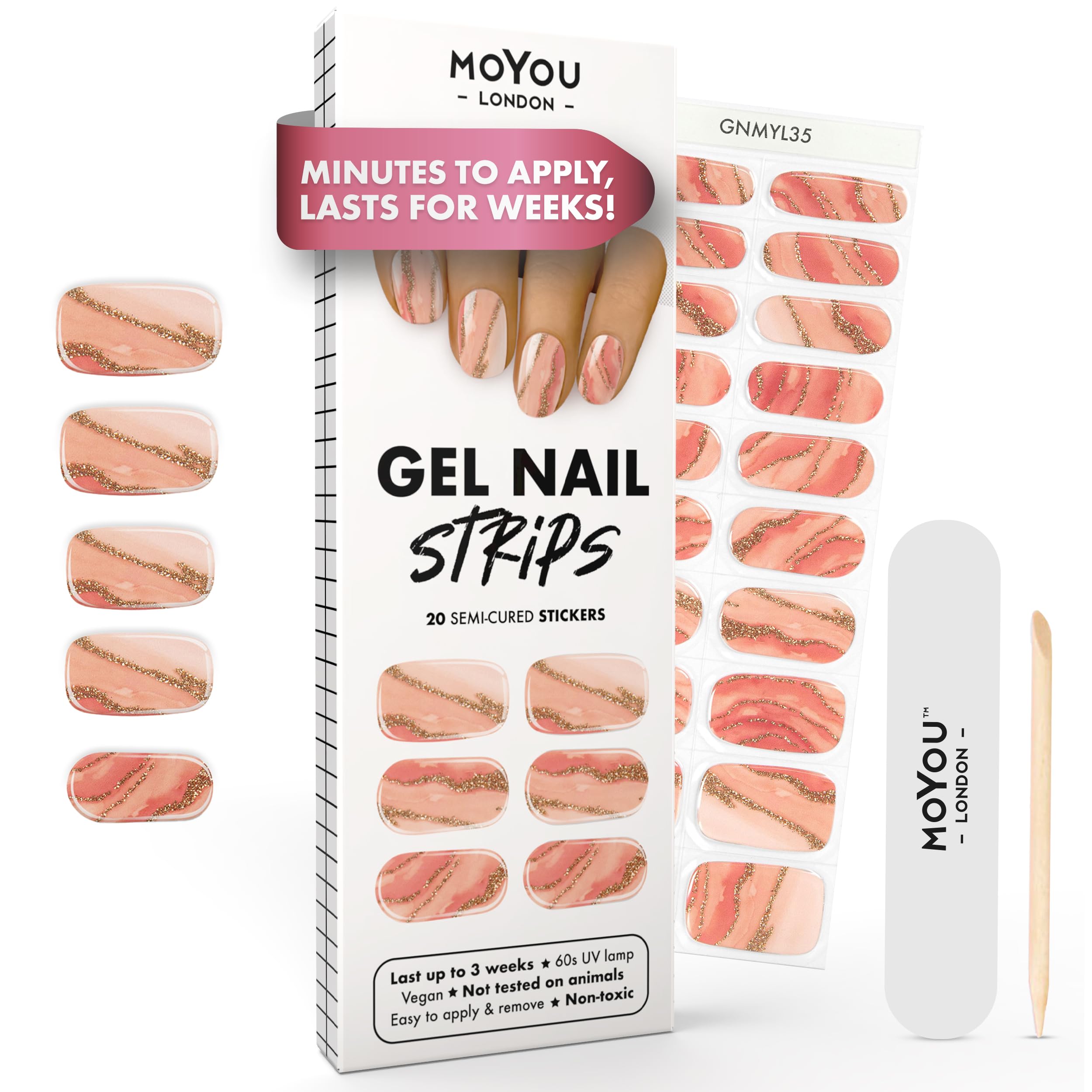 MOYOU LONDON Semi Cured Gel Nail Strips - 20 Pcs. Waterproof Gel Nail Wraps, Cures in Sunlight or UV/LED Lamp, Lasts Up to 2+ Weeks, Stretchable, Easy to Apply & Remove, Vegan & Cruelty-Free