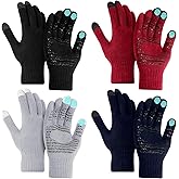 Shyyween 4 Pairs Winter Touch Screen Gloves for Men Warm Thermal Stretch Gripper Knit Mittens for Adult Cold Weather Outdoor