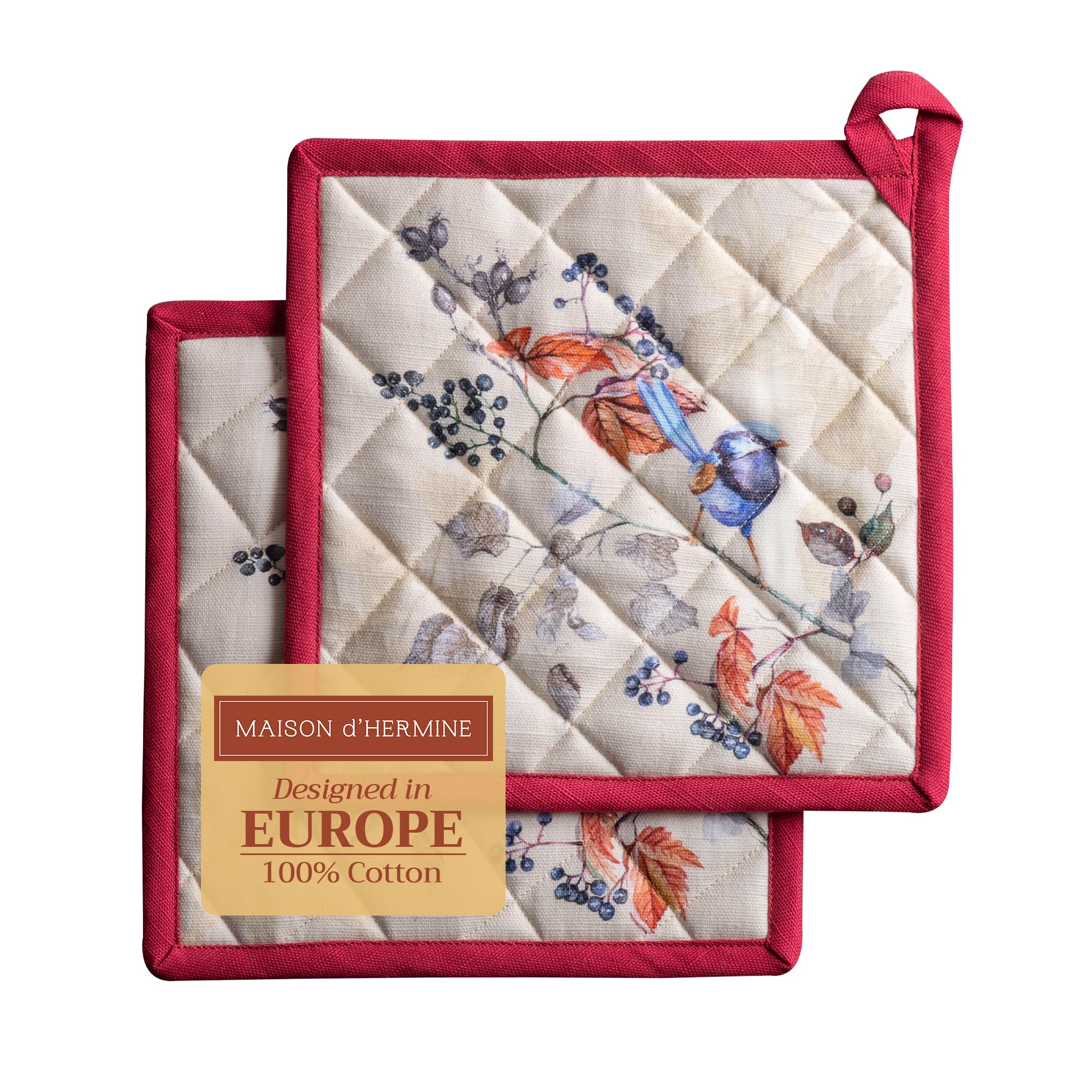 Maison d' Hermine Pot Holders Set 100% Cotton Heat Resistant Potholders 20 cm x 20 cm Hot Pads with Loop for Christmas Decorations BBQ Cooking Baking Handling Hot Pans (Pack of 2, Equinoxe - Beige)