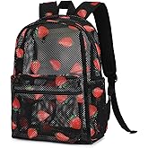 Mimfutu Strawberry Mesh Backpack for Girls, kids Women School Backpacks Semi-Transparent Bookbag See Through Beach Bag Daypack