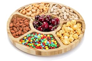Dicunoy 12'' Bamboo Divided Serving Tray, 360° Rotating Lazy Susan Snack Dish Platter, Unbreakable Veggie Fruit Platter, Reli