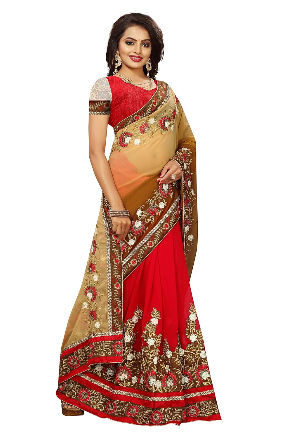 ruchika fashion women's georgette saree (beige_free size)