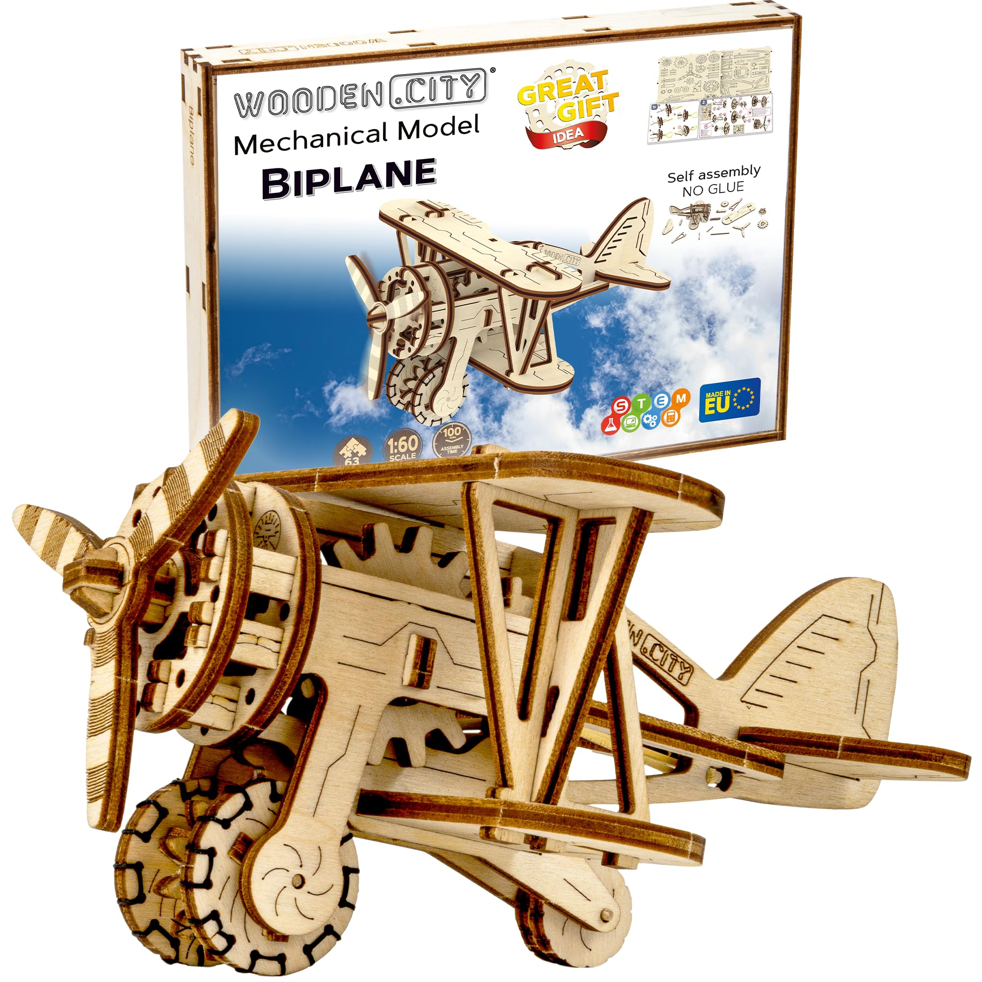 WOODEN.CITY 3D Puzzles - Wooden Model Kits for Adults - Biplane, Difficulty Level 2/5, Assembly Time 2 Hours, Made in EU - Wooden Puzzles for Adults