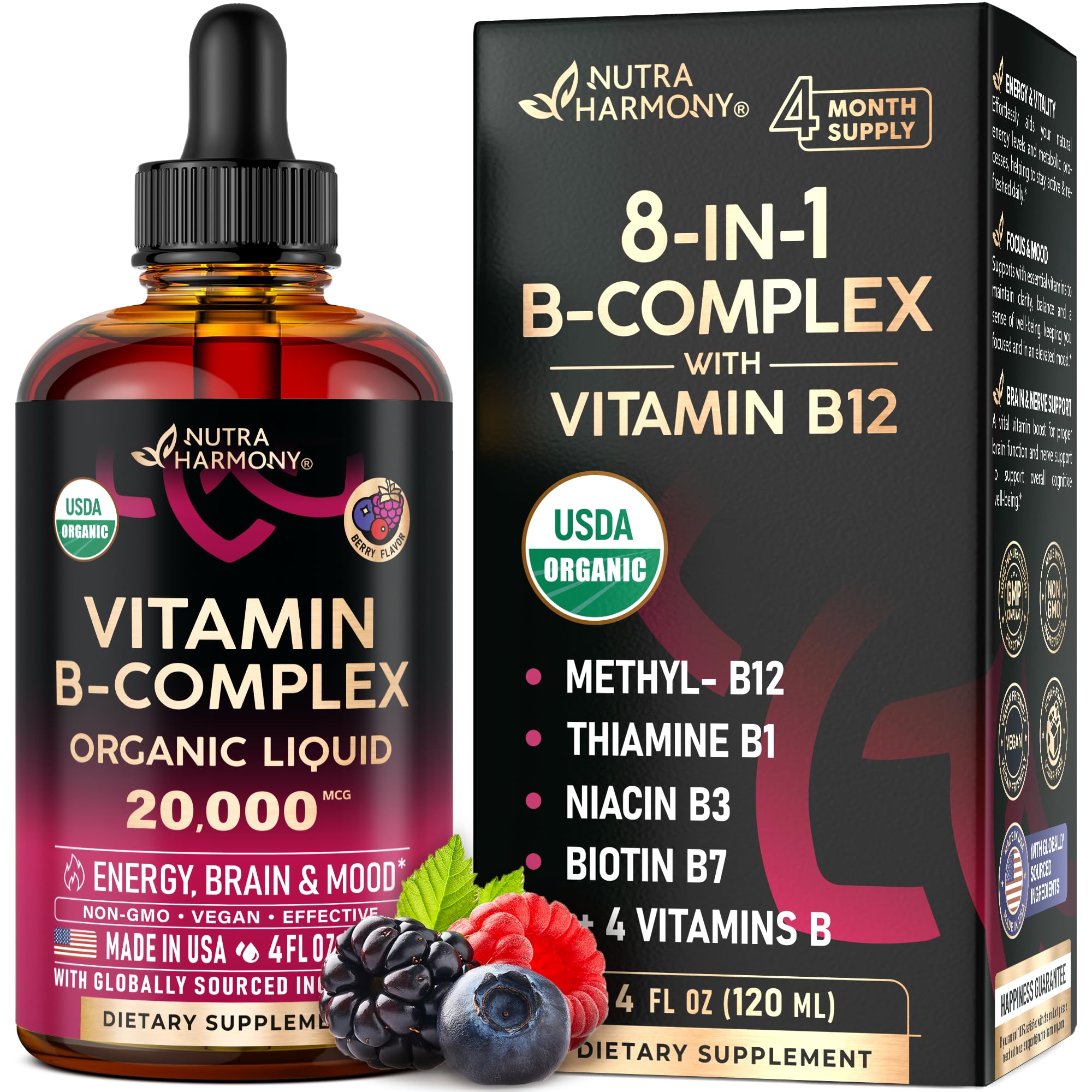 USDA Organic Vitamin B-Complex B5 Pantothenic Acid | B12 Methylcobalamin | B1 Thiamine | B6 Pyridoxine | B7 Biotin | B9 Folic | B3 Niacinamide - B Complex Liquid Drops, Made in USA Supplement, 4fl oz