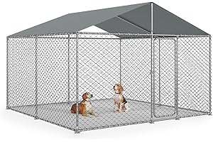FUZZY-BIRD 10x10 FT Outdoor Dog Kennel Outside with Metal Large Dog Gate, Outdoor Dog Pens with Roof, Heavy Duty Dog Kennel for Backyard Farm Use (124x124x87IN)