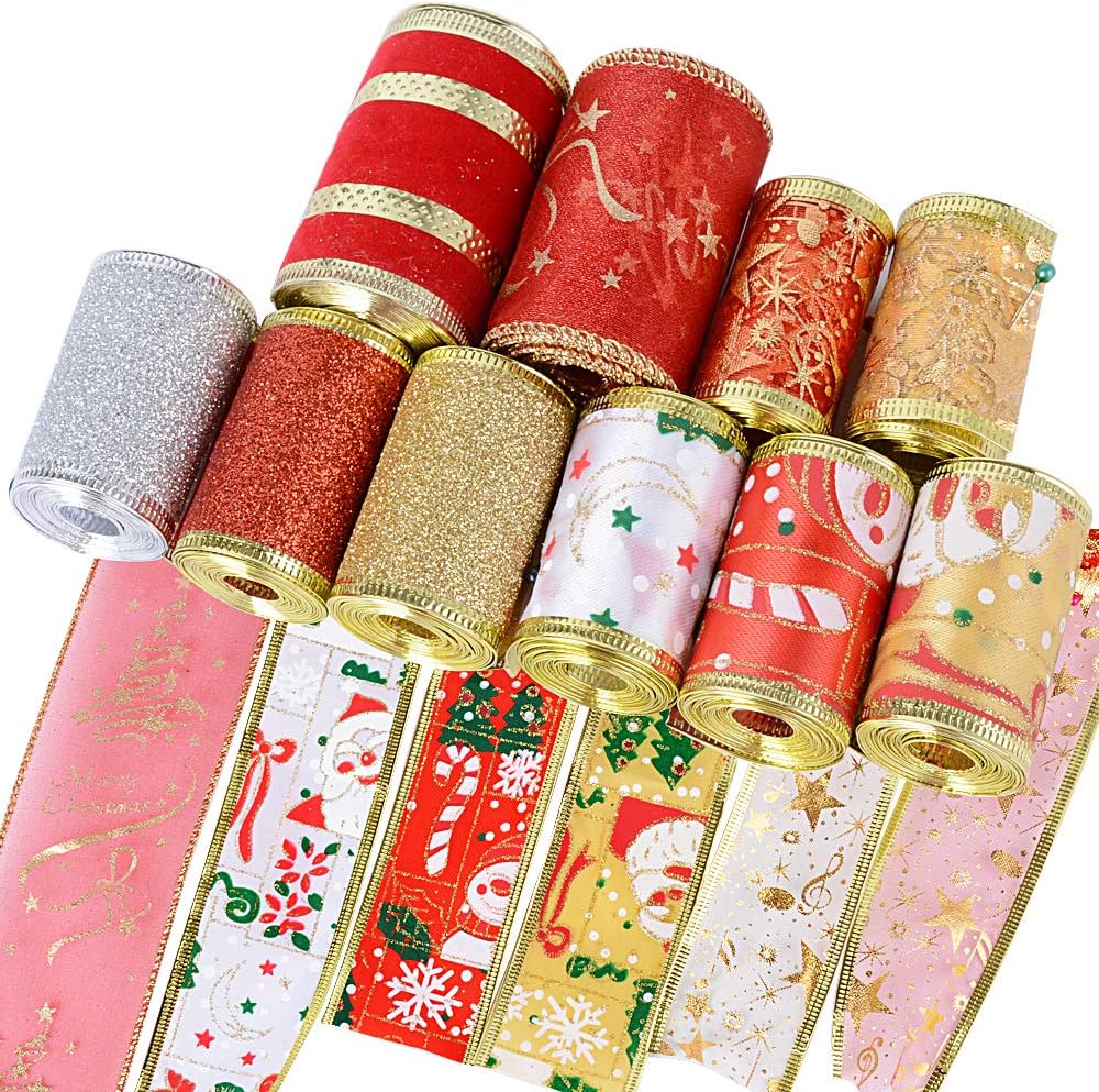 10 Rolls Christmas Ribbons Bundle Variety Designs Festival Themed 2 Metre Art Wide Ribbons for