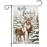 Heyfibro Hello Winter Deer Garden Flag 12x18 Inch Double Sided Burlap, Christmas Snowflake Snow Elk Yard Flags for Seasonal Xmas Outside Outdoor Decoration (ONLY FLAG)