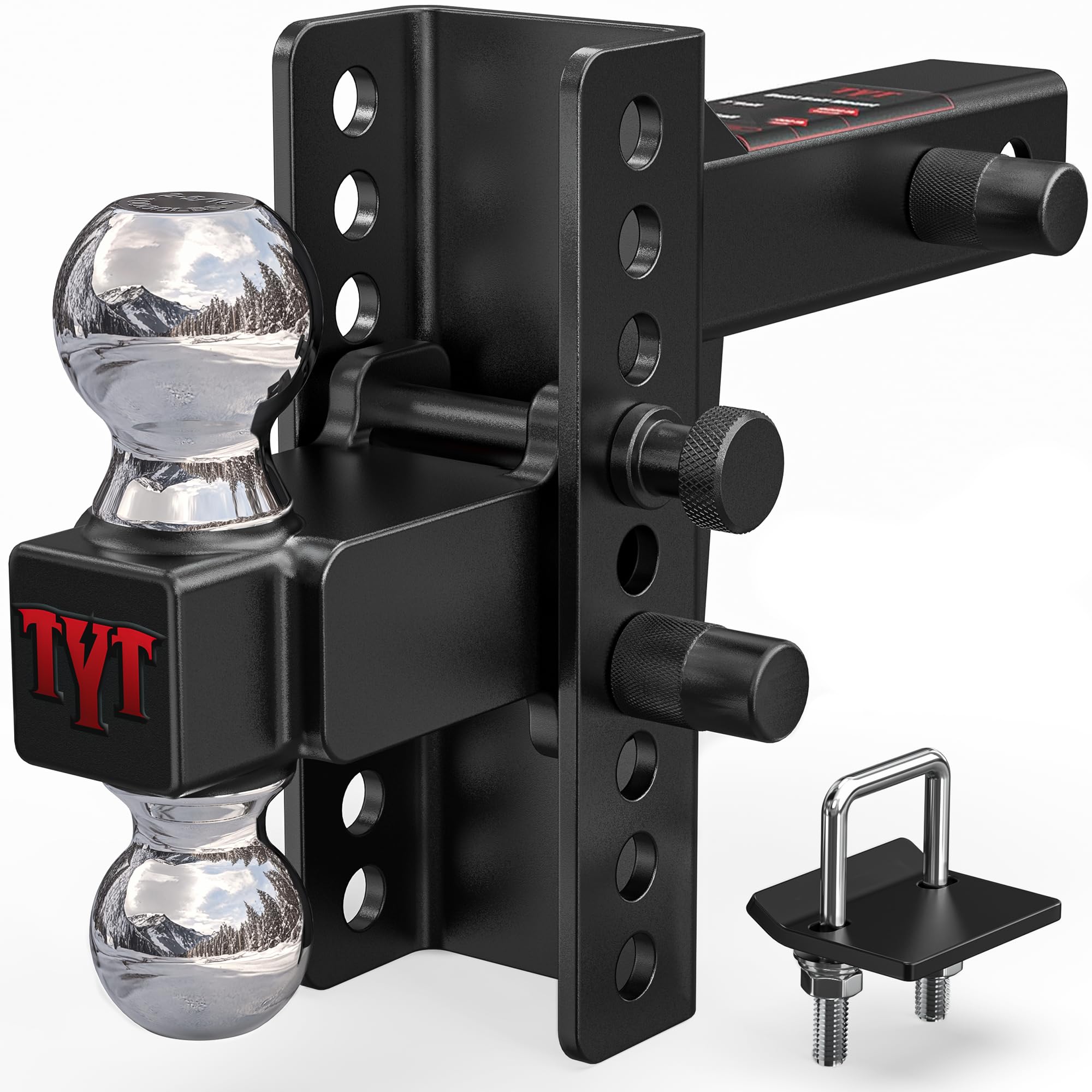 TYT Adjustable Truck Trailer Hitch for 2.5 inch Receiver, 6" Drop/Rise Tow Hitch with Dual Balls (2" & 2-5/16"), 22,000 lbs GTW, 2,200 lbs TW, Includes Two Pin Locks & Hitch Tightener Image
