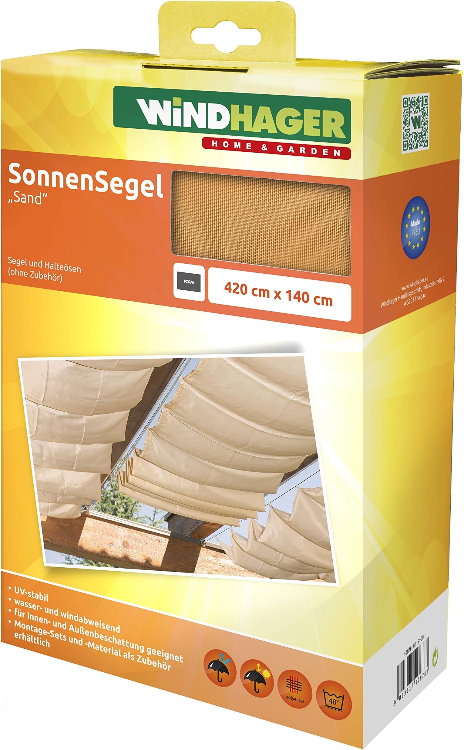 Windhager 10878 rope-pull sun sail 420 x 140 cm, sand