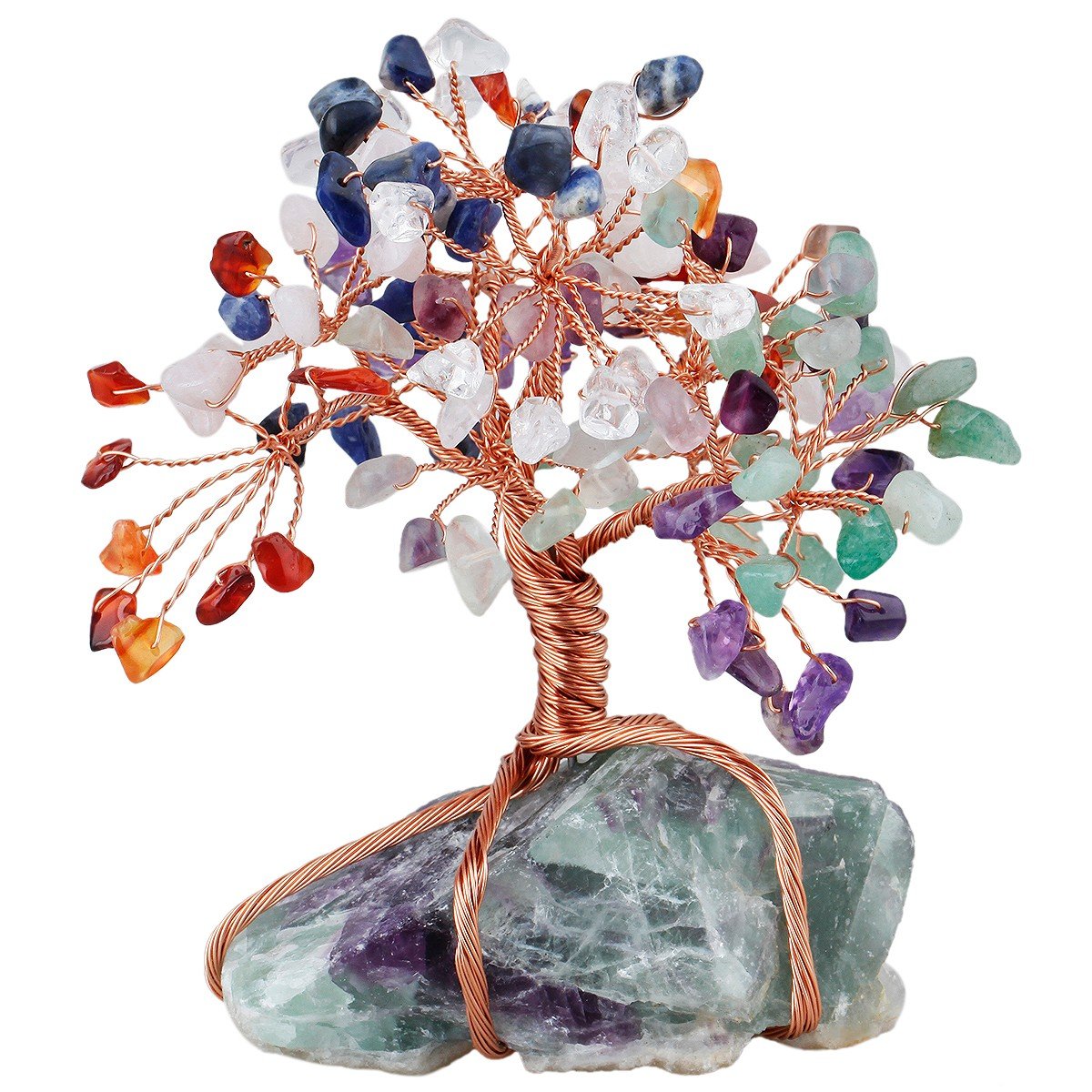 mookaitedecor 7 Chakra Crystal Tree of Life with Fluorite Raw Stone Base Good Luck Crystal Gifts, Colourful Money Tree Reiki Healing Crystal Bonsai Tree Feng Shui Ornaments for Home Office Tree Decor