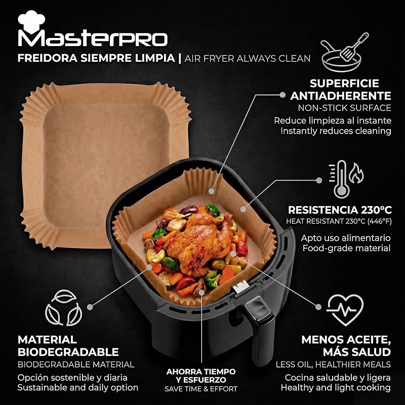 Papel para Freidora de Aire | Pack de 500 Moldes de Papel de Horno Desechable Antiadherente | Compatible con Cosori, Cecotec, Philips| 20x20x4,5cm: Air Fryer de 5 L a 8 L