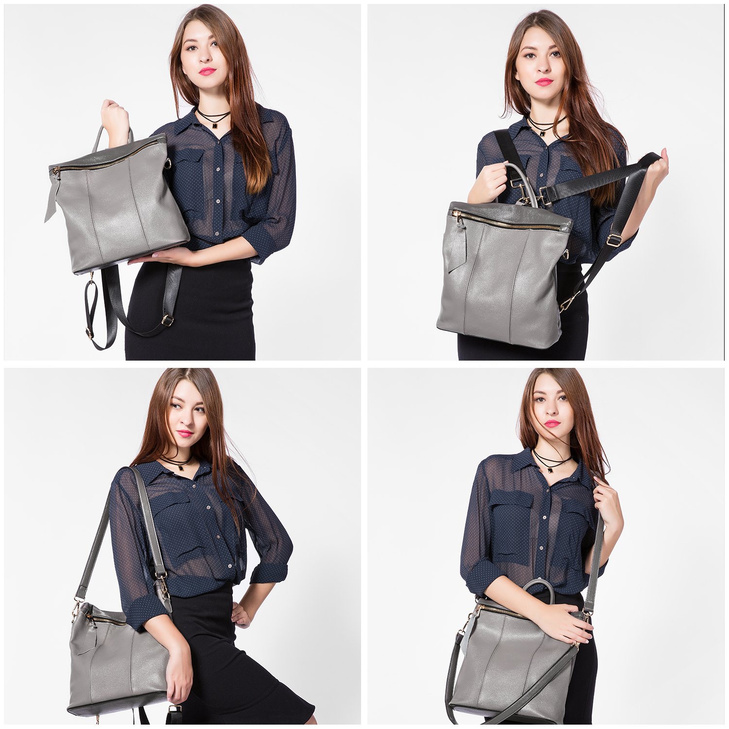 Sacs à Dos Femme en Cuir véritable Sac à Main Femmes Elégant Casual Cartable College Grande Mode Gris