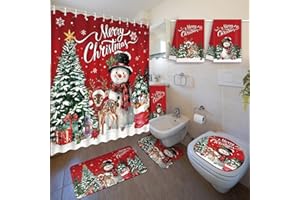 Nuanchu 6 Pcs Christmas Shower Curtain Set with Rug Bathroom Sets with Shower Curtain Bath Mat U Shaped Mat Toilet Lid Cover 2 Bath Towels and 12 Hooks Red Christmas Snowman Bathroom Decor