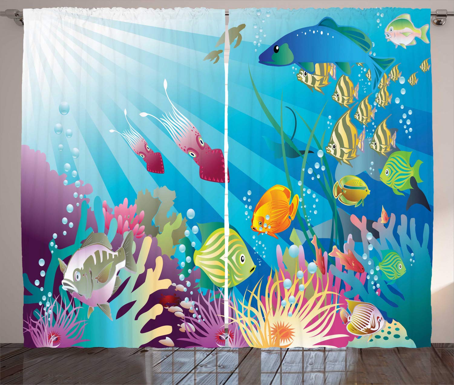 ABAKUHAUS Underwater Curtains, Print of Colorful Marine Themed Lifestyle with Many Fish Species in the Ocean, Living Room Bedroom Window Drapes 2 Panel Set, 102 W X 110 L, Multicolor Sea blue