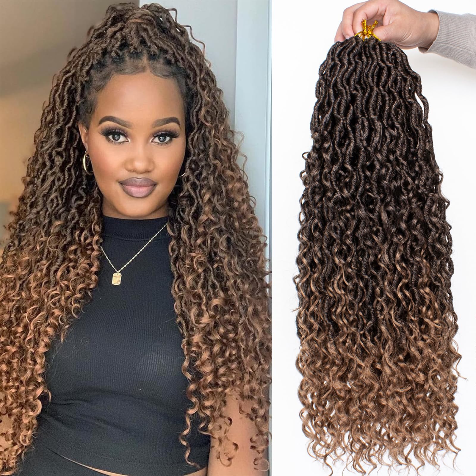Mscat 24Inch 8 Packs Ombre Goddess Faux Locs Crochet Hair 12Strands/pack Wavy With Curly Ends Pre-looped Bohemian Hippie Locs Crochet Braids Hair Extensions (12Strands/Pack T27#)