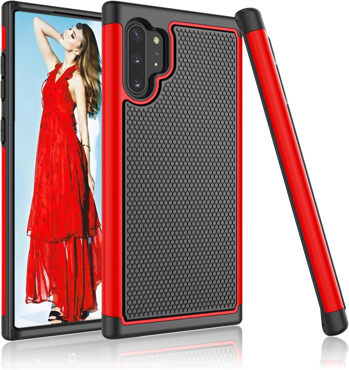 Njjex Case for Samsung Galaxy Note 10 Plus, for Note 10+ Plus 5G Case (2019), [Nveins] Hybrid Dual Layers Hard Plastic Back + Soft Silicone Rubber Armor Defender Shockproof Slim Phone Cover [Red]