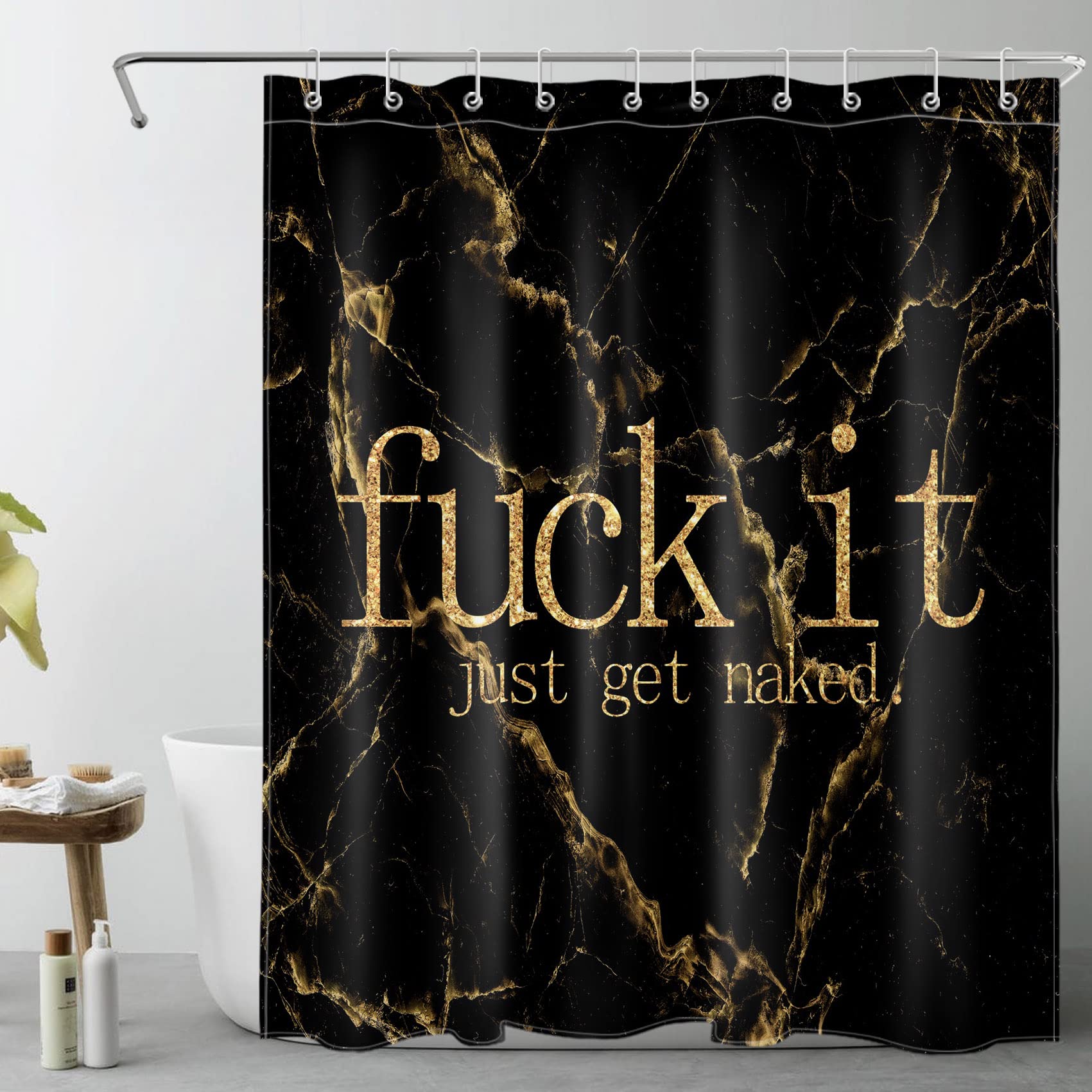 LB Black and Gold Marble Shower Curtain Funny Fuck It Just Get Naked Shower Curtains for Bathroom Abstract Geometric Polyester Anti Mould Waterproof Bath Curtain Set with Hooks,59x78 inches — image 1